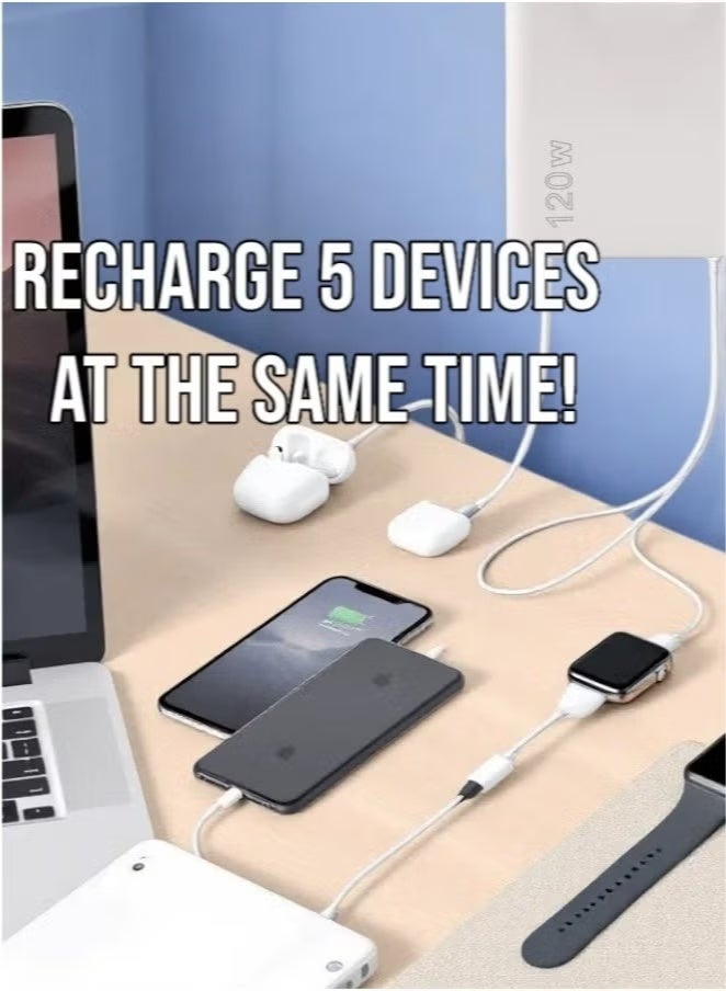 ای زون شاحن سريع من النوع C بقوة 120 واط بتقنية الشحن السريع PD QC 3.0 (أبيض)، مزود بخمسة منافذ USB A وUSB C، متوافق مع هواتف سامسونج جالاكسي S23/S22، وآيفون 15/14/13 برو ماكس، وماك بوك، وآيباد، وأجهزة الكمبيوتر المحمولة، وون بلس. - Image 4